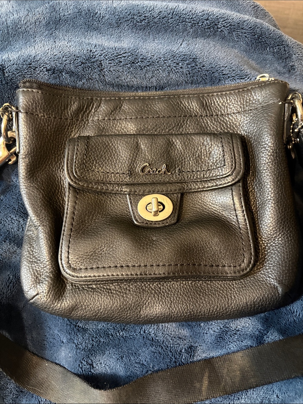 Coach Black Pebbled Leather Crossbody with Turnlock Pocket